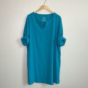 L.L.BEAN Women XL Turquoise‎ Roll Tab Sleeve Athletic Dress Pockets Gorpcore
